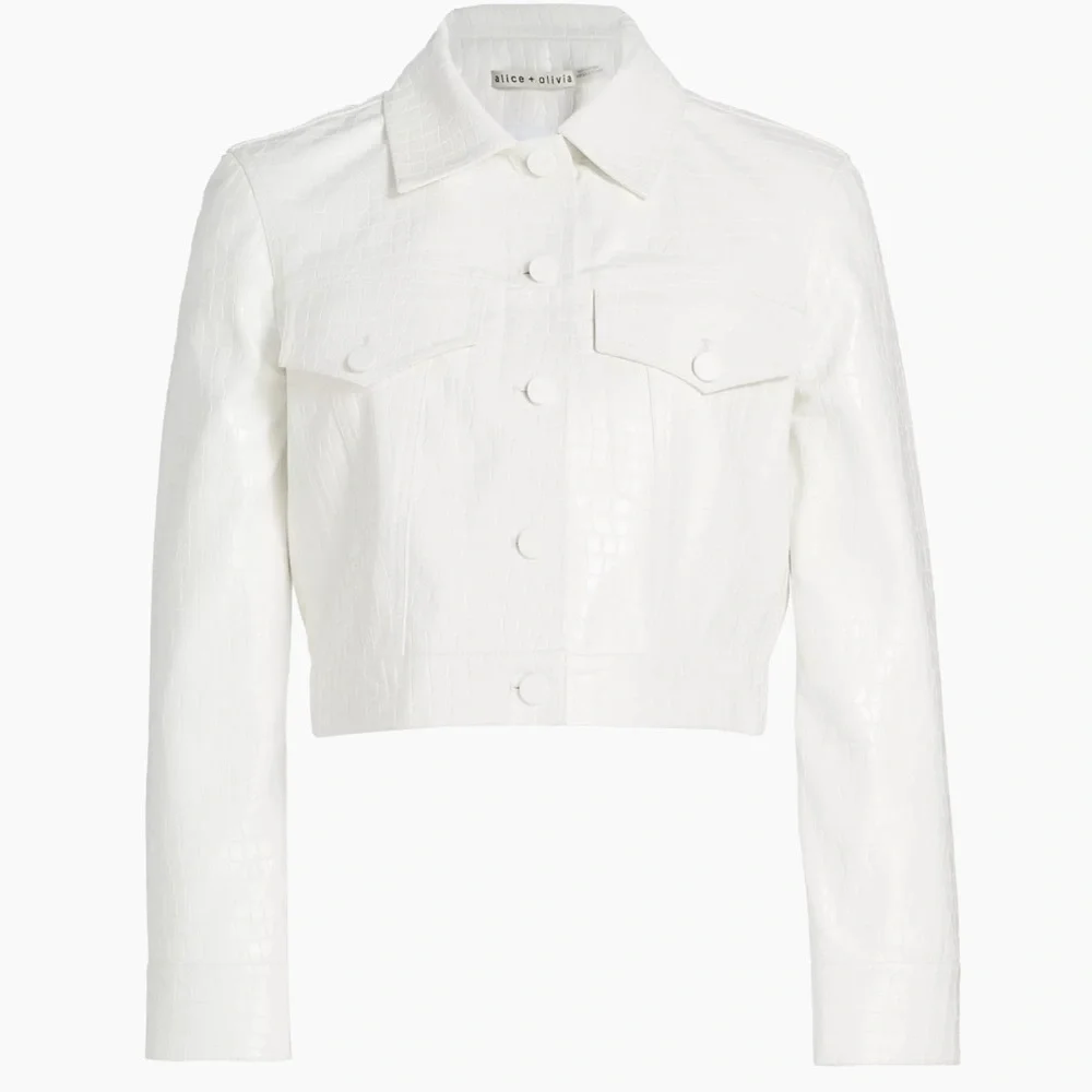 Alice + Olivia Chloe White Croc-Effect Faux Leather Crop Jacket Size XL NWT - Picture 7 of 16